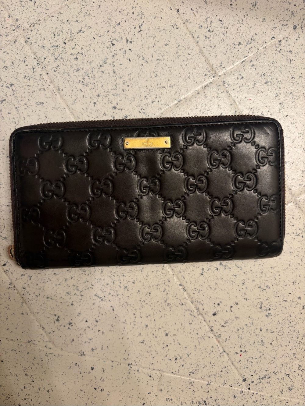 Gucci Brown Embossed Leather Zip Wallet